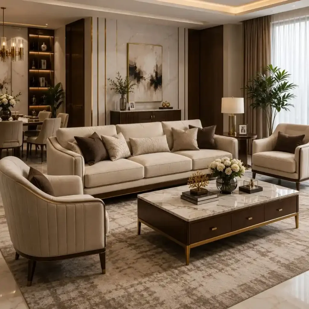 How Furniture Restoration Saves Money by restoring luxury sofas, armchairs, and wooden furniture in a modern living room.