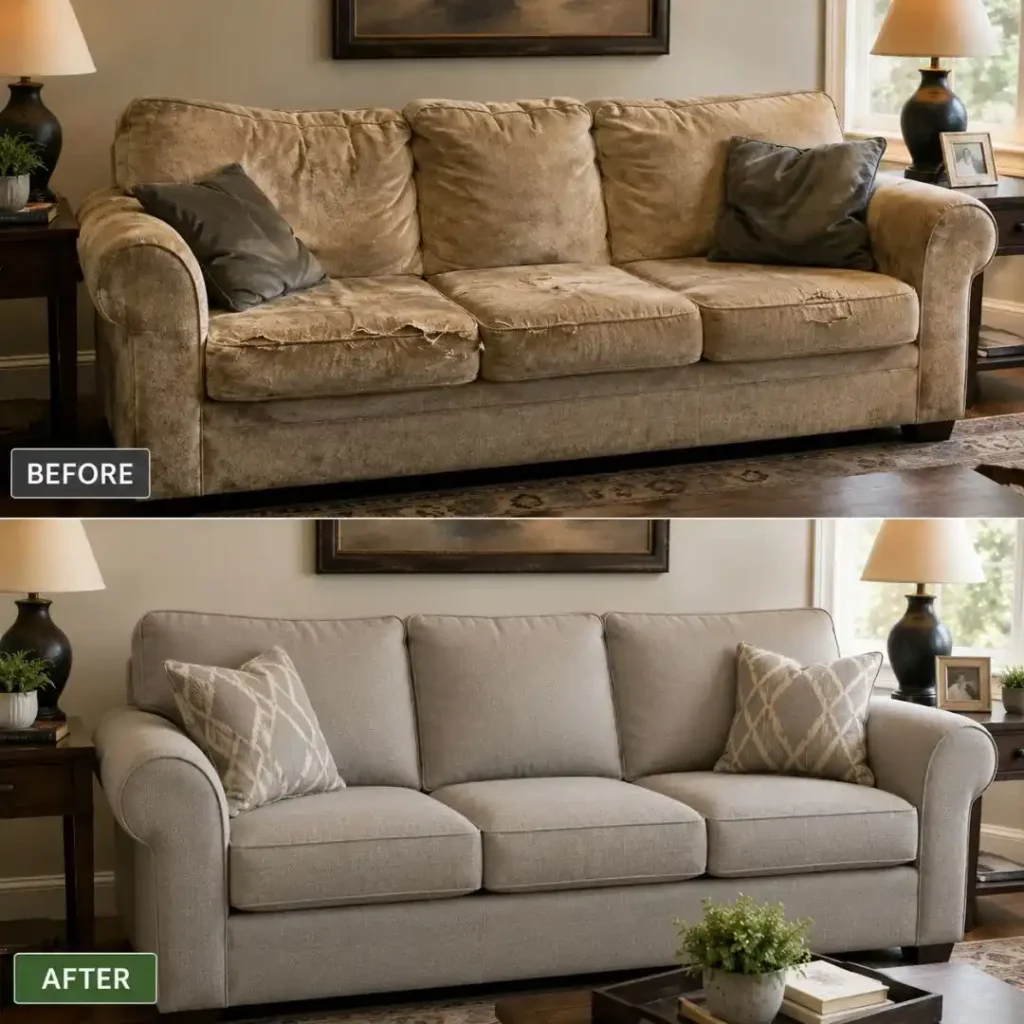 Can You Really Make a 10 Year Old Sofa look new again? Before-and-after sofa upholstery showing worn fabric transformed with fresh upholstery and cushions.