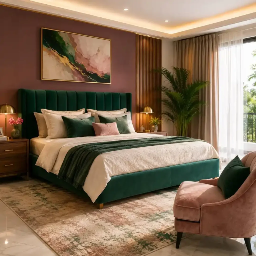 Idea That Instantly Upgrade Your Bedroom featuring a luxury modern bedroom with an upholstered green bed, elegant lighting, soft textures, and stylish décor.