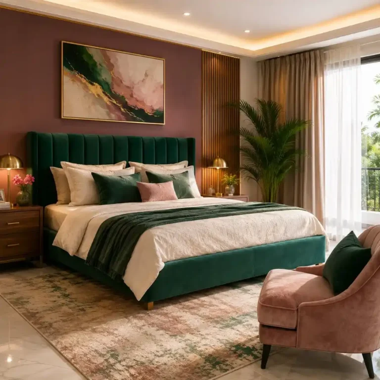 Idea That Instantly Upgrade Your Bedroom featuring a luxury modern bedroom with an upholstered green bed, elegant lighting, soft textures, and stylish décor.