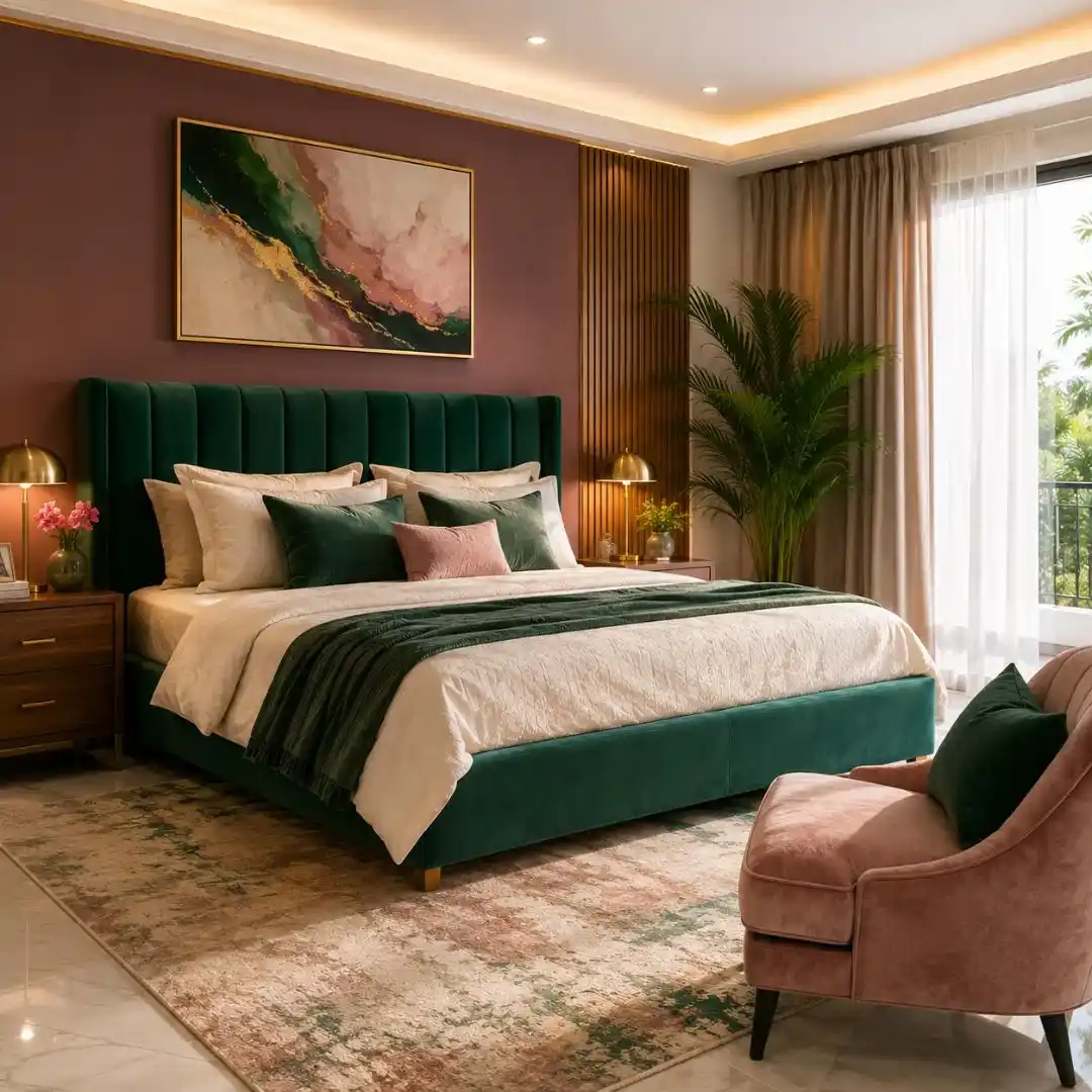 Idea That Instantly Upgrade Your Bedroom featuring a luxury modern bedroom with an upholstered green bed, elegant lighting, soft textures, and stylish décor.