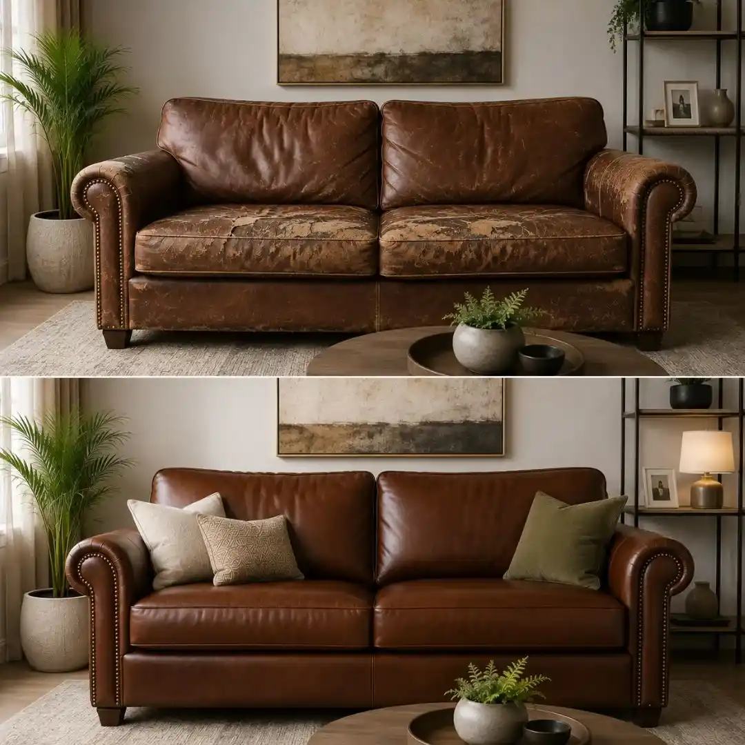 Make Old Furniture Look Premium Again with professional sofa upholstery, showing a worn leather sofa transformed into a stylish restored sofa.