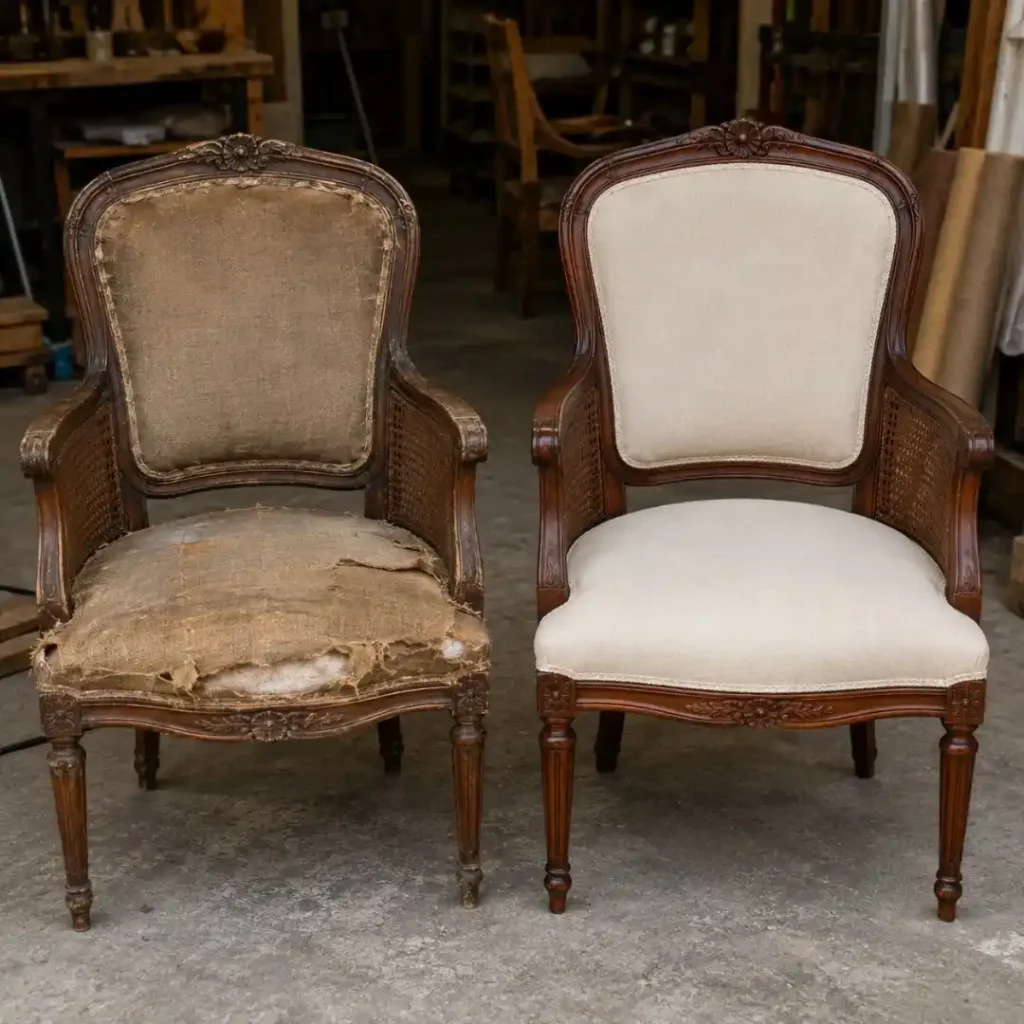 Restore Antique Chairs Without Losing their original character, featuring a realistic before-and-after antique chair restoration with renewed wood and upholstery.