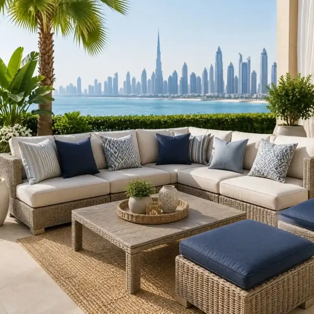 The Best Outdoor Upholstery Fabrics for Dubai patios featuring durable outdoor cushions, stylish seating, and weather-resistant materials in a luxury setting.