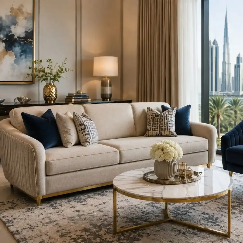 The Best Upholstery Solutions for Dubai featuring a luxury living room with premium sofa upholstery, elegant fabrics, modern furniture, and refined interior styling.