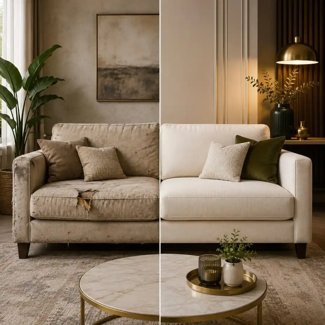 The Hidden Cost of Buying a New Sofa shown through a comparison of an old damaged sofa and a professionally restored modern sofa.