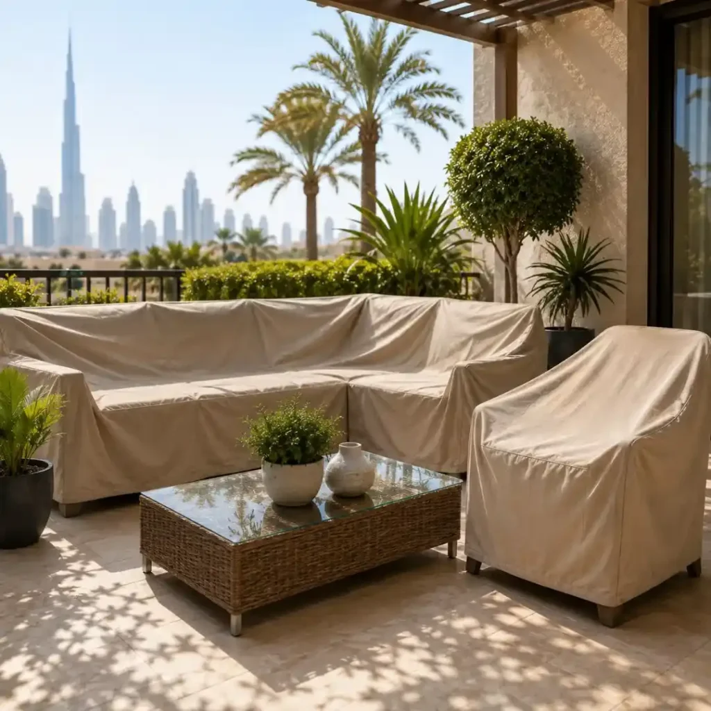 Protect Outdoor Furniture from Dubai heat, sunlight, dust, and humidity with quality furniture covers and shaded outdoor seating.